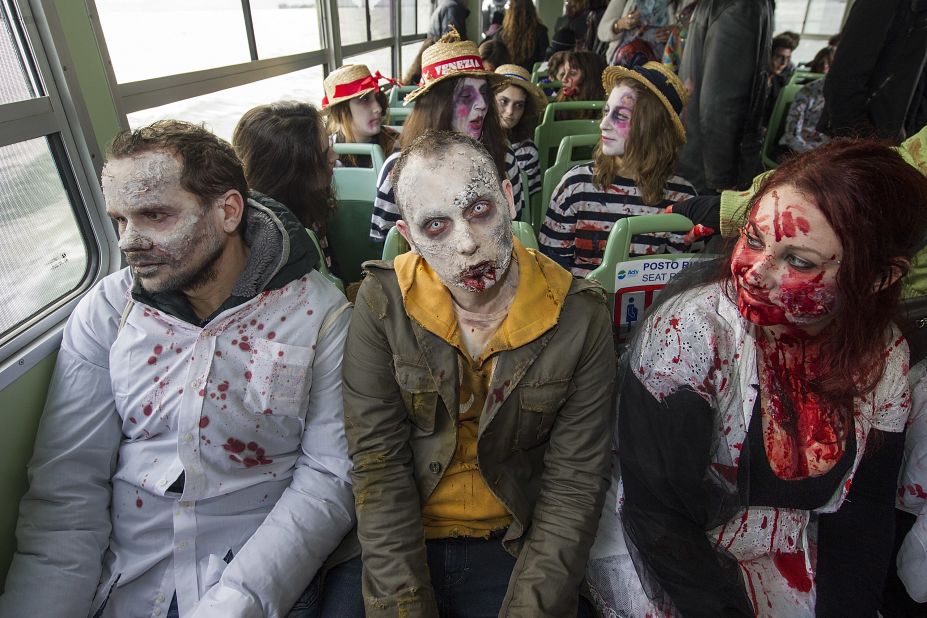 Zombies ride a water bus in Venice.