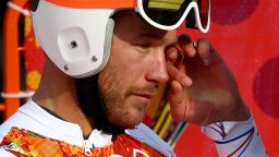 Bode Miller of the United States reacts during the Alpine Skiing Men's Super-G on day 9 of the Sochi 2014 Winter Olympics at Rosa Khutor Alpine Center on February 16, 2014 in Sochi, Russia.