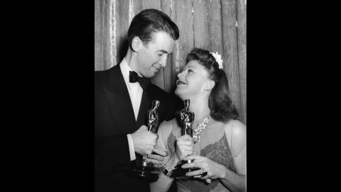 <strong>Ginger Rogers (1941):</strong> Actors James Stewart and Ginger Rogers smile after winning Oscars in 1941. Stewart won best actor for his performance in "The Philadelphia Story," while Rogers won best actress for her performance in "Kitty Foyle: The Natural History of a Woman."