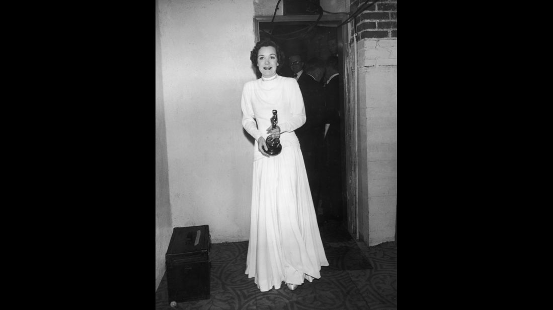 <strong>Jane Wyman (1949):</strong> Jane Wyman stands by a doorway backstage at the Academy Awards. She won her best actress Oscar for the film "Johnny Belinda."