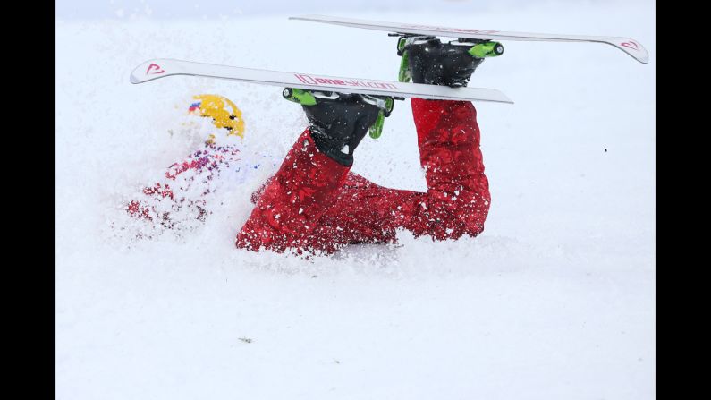 Ilya Burov of Russia crashes as he competes in men's aerials.