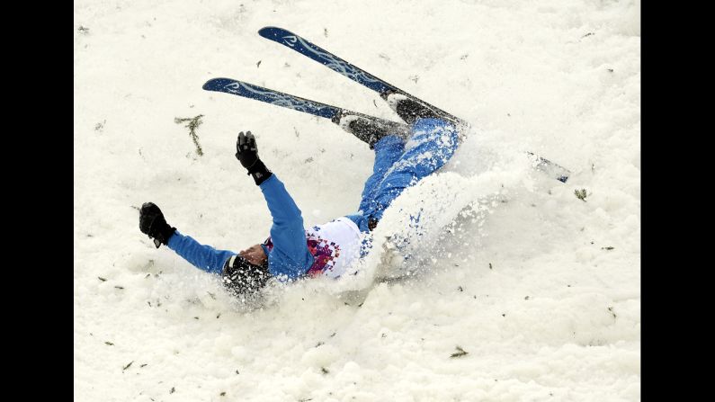 Denis Osipau of Belarus crashes during men's aerials.