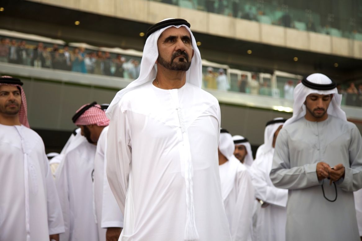 Dubai's ruler Sheikh Mohammed bin Rashid Al Maktoum (center) is one of horse racing's most prominent owner/breeders and is always an interested observer at the Dubai World Cup.
