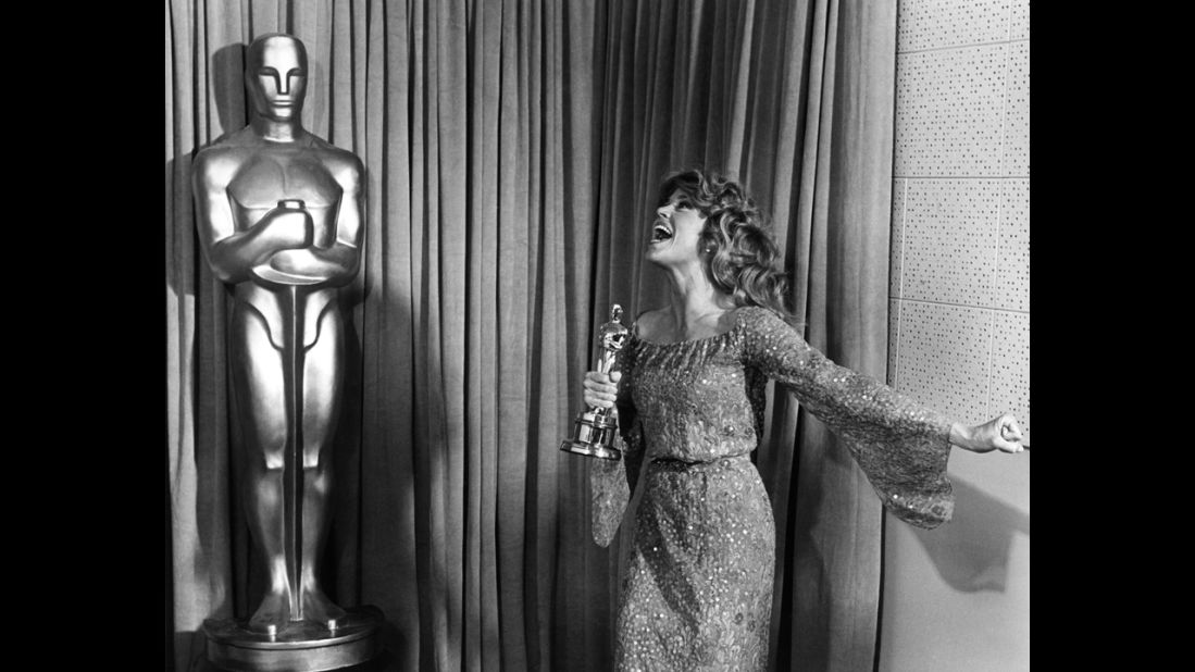 <strong>Jane Fonda (1979):</strong> Jane Fonda is ecstatic about winning her second Academy Award, this one for "Coming Home."