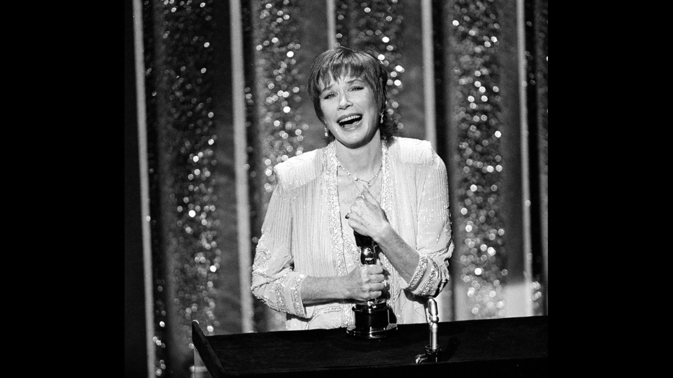 <strong>Shirley MacLaine (1984):</strong> Shirley MacLaine accepts her Oscar in 1984. She won for her performance in "Terms of Endearment." 