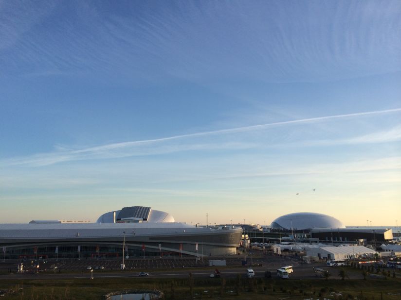 The new 40,000-seat Fisht Stadium (left) and Bolshoi Ice Dome (right) dominate the horizon at the Olympic Park. Roads linking all the new Olympics facilities have confused cab drivers.