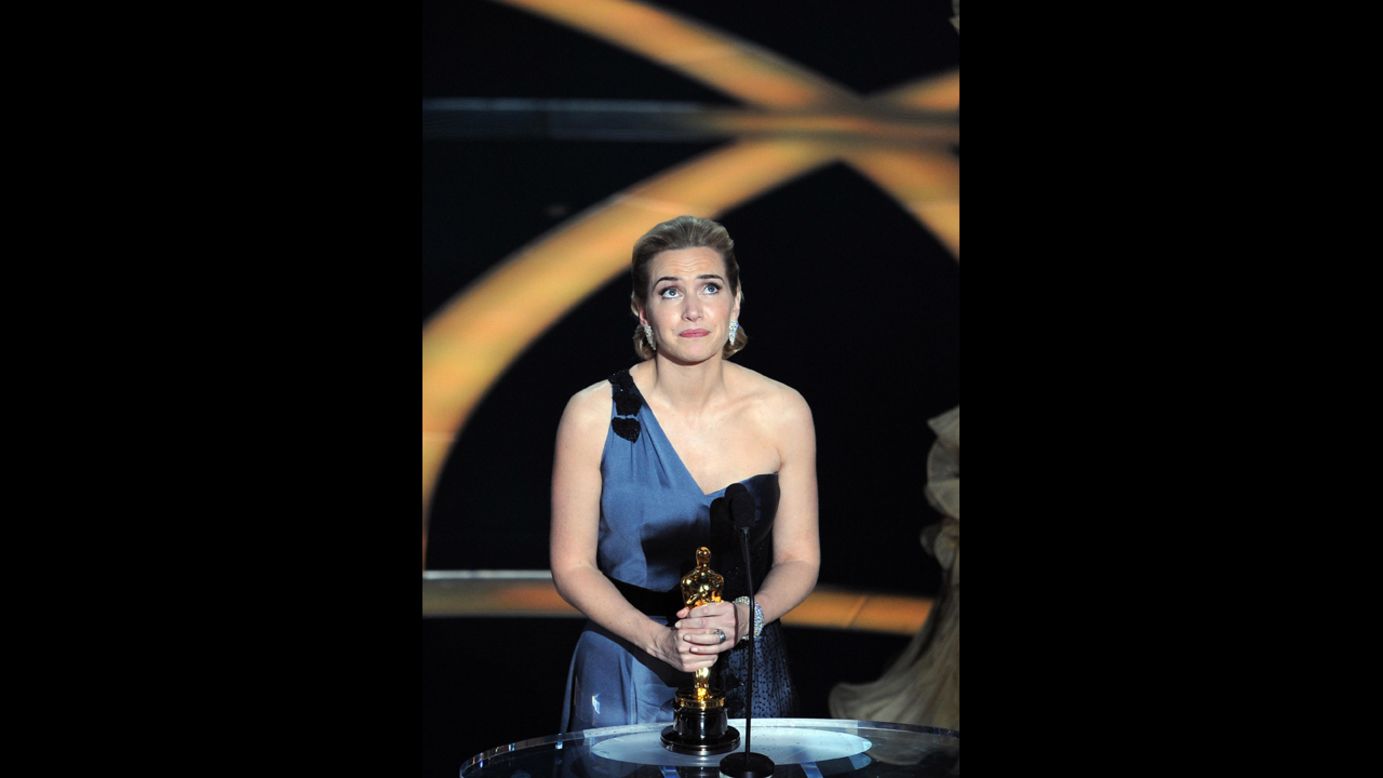 <strong>Kate Winslet (2009):</strong> Kate Winslet reacts after winning the best actress Oscar for "The Reader." 