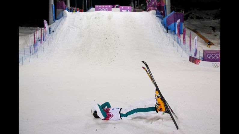 David Morris of Australia celebrates after his jump in men's aerials on February 17.