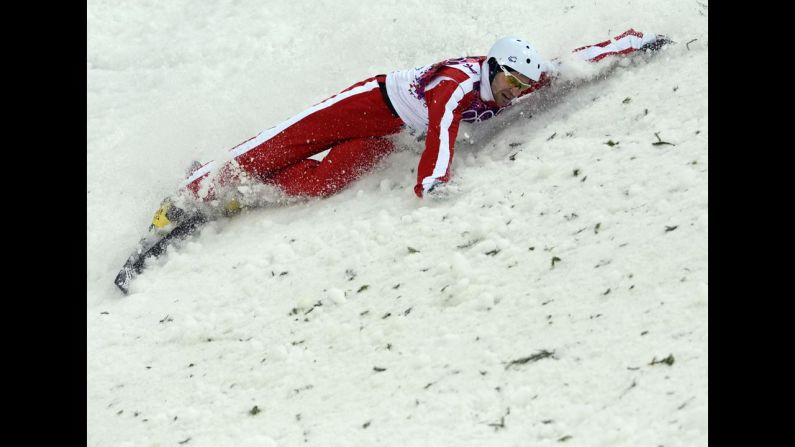 Switzerland's Renato Ulrich crashes as he competes in the men's aerials on February 17.