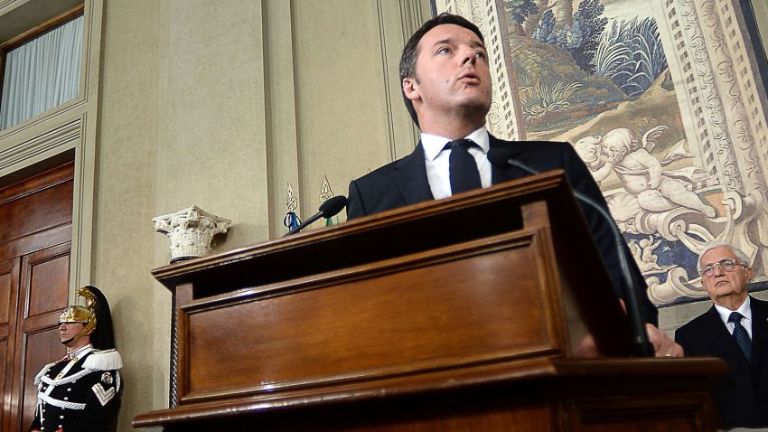 The head of the leftist Democratic Party, Matteo Renzi speaks to reporters at Quirinale Palace in Rome on February 17, 2014, after being nominated Italy's youngest-ever prime minister by the President. Renzi outlined an ambitious plan for reform on February 17 just after receiving the nomination to be the country's new prime minister, promising to apply all his "energy, enthusiasm and commitment". Renzi said he would begin coalition talks on Tuesday and vowed to act quickly to reform the constitution, the labour market, education and the tax system. AFP PHOTO / FILIPPO MONTEFORTEFILIPPO MONTEFORTE/AFP/Getty Images