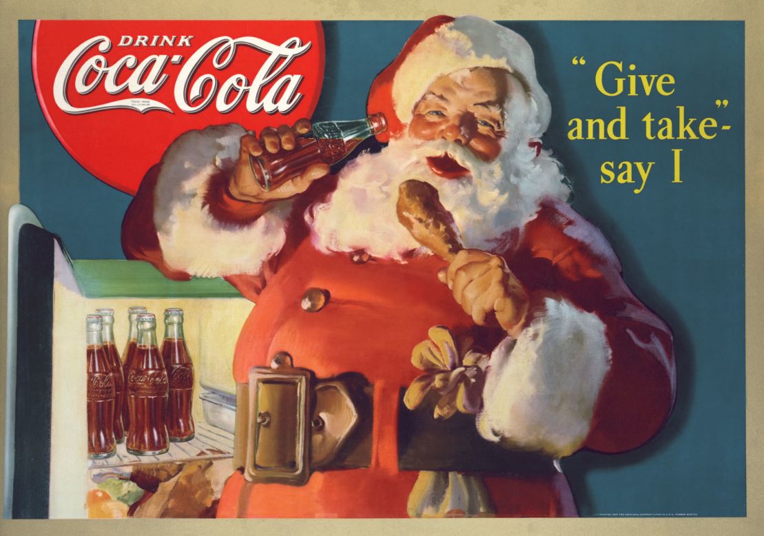 Have you heard the one about Santa Claus wearing red coat because of Coca-Cola ad? Well, according to the company, this is a myth. Before the Coca‑Cola Santa was even created, St Nick had appeared in numerous illustrations and written descriptions wearing a scarlet coat. This 1937 advert shows Santa Claus raiding the refrigerator.