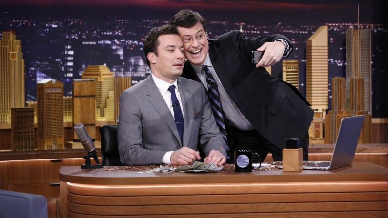 Jimmy Fallon's takeover of "The Tonight Show" has been inevitable, <a href="index.php?page=&url=http%3A%2F%2Fwww.gq.com%2Fstyle%2Fwear-it-now%2F201304%2Fjimmy-fallon-interview-gq-april-2013" target="_blank" target="_blank">show producer Lorne Michaels told GQ</a>. "He's the closest to (Johnny) Carson that I've seen of this generation," Michaels said. Stephen Colbert joins him to take a selfie on his debut Monday night. Fallon is the latest in a six-decade line of "Tonight" hosts.