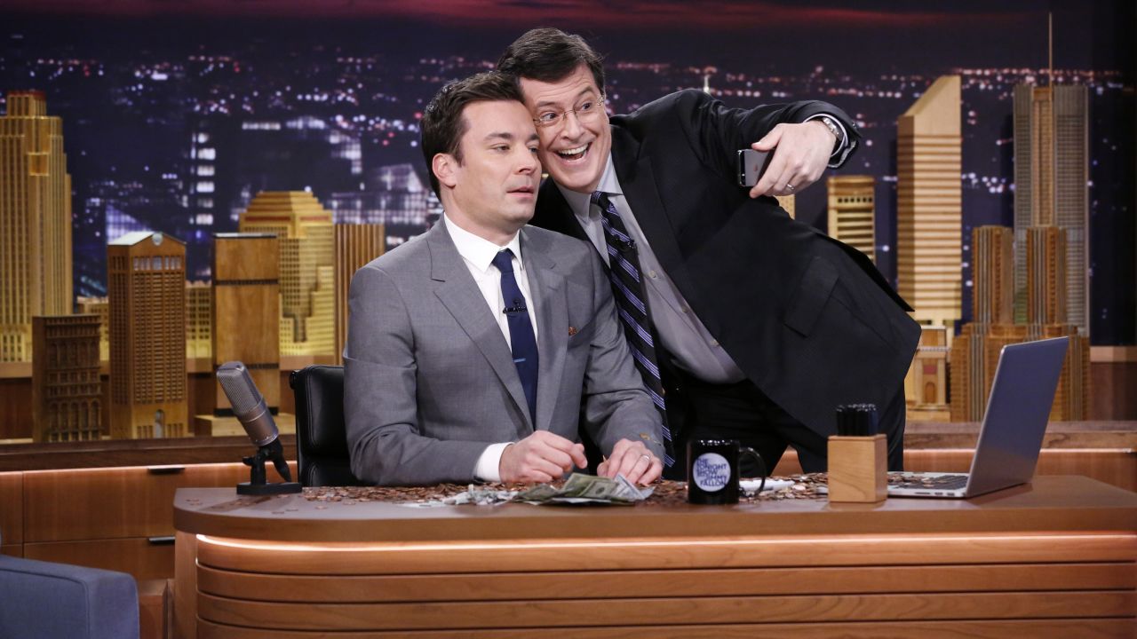Jimmy Fallon's takeover of "The Tonight Show" has been inevitable, <a href="http://www.gq.com/style/wear-it-now/201304/jimmy-fallon-interview-gq-april-2013" target="_blank" target="_blank">show producer Lorne Michaels told GQ</a>. "He's the closest to (Johnny) Carson that I've seen of this generation," Michaels said. Stephen Colbert joins him to take a selfie on his debut Monday night. Fallon is the latest in a six-decade line of "Tonight" hosts.