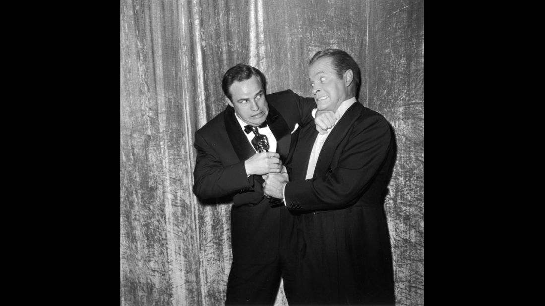 <strong>Marlon Brando (1955):</strong> Oscars host Bob Hope, right, might have tried, but there was no way Marlon Brando was parting with his best actor award at the 1955 ceremony. Brando had lost three years in a row before then, but the actor's luck finally changed with "On the Waterfront." 