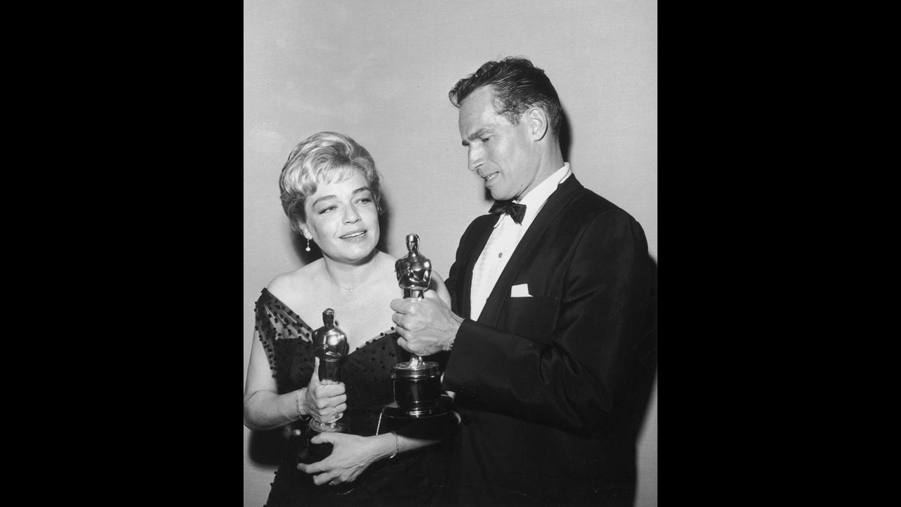 <strong>Charlton Heston (1960):</strong> Charlton Heston helped "Ben-Hur" to win a record 11 Academy Awards, shutting out Jack Lemmon, James Stewart, Paul Muni and Laurence Harvey as best actor. Heston appears with French actress Simone Signoret (best actress for "Room at the Top") at the 1960 ceremony.