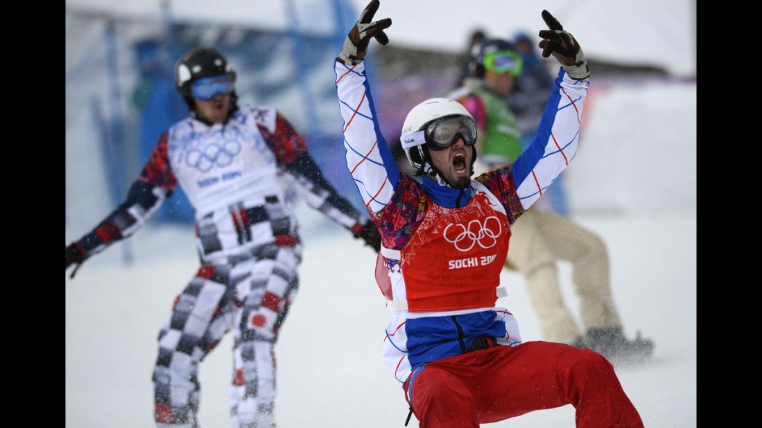 France's Pierre Vaultier celebrates winning the men's snowboard cross final on February 18.