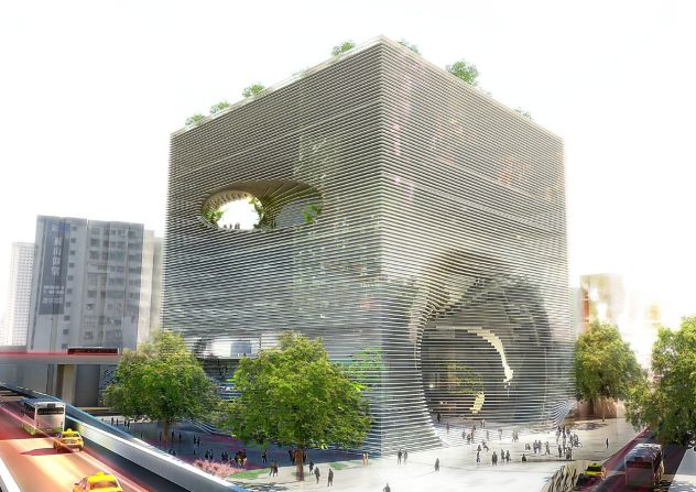 Danish architect Bjarke Ingels proposed this large cube for the <a href="index.php?page=&url=http%3A%2F%2Fwww.big.dk%2F%23projects-tek" target="_blank" target="_blank">Technology, Entertainment & Knowledge Centre (TEK)</a> in Taipei. Its various holes are actually entry points and vantage points for pedestrians who can snake through the building on an internal staircase, which leads from ground floor to rooftop garden.