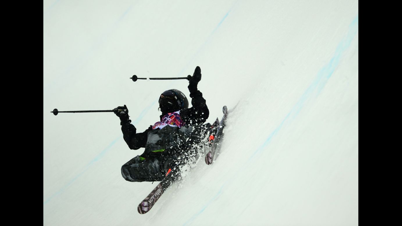 Peter Crook, a freestyle skier from the British Virgin Islands, competes in the men's halfpipe on February 18.