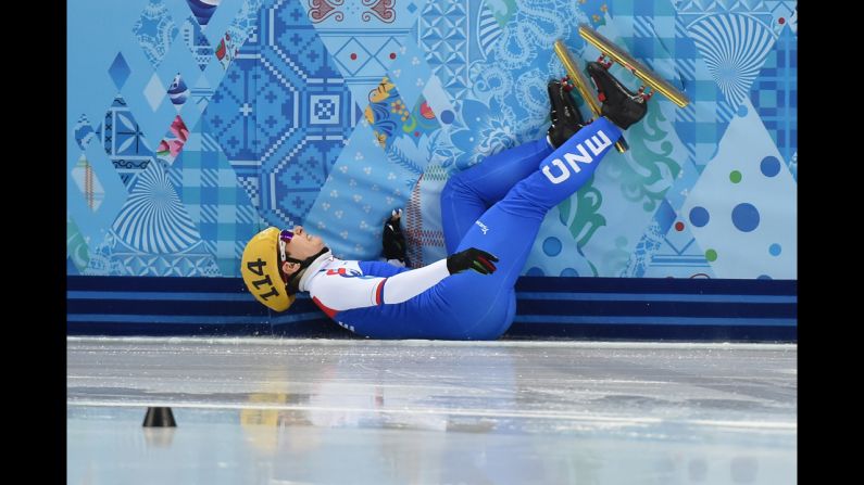 Czech short track speedskater Katerina Novotna falls as she competes in the 1,000 meters on February 18.