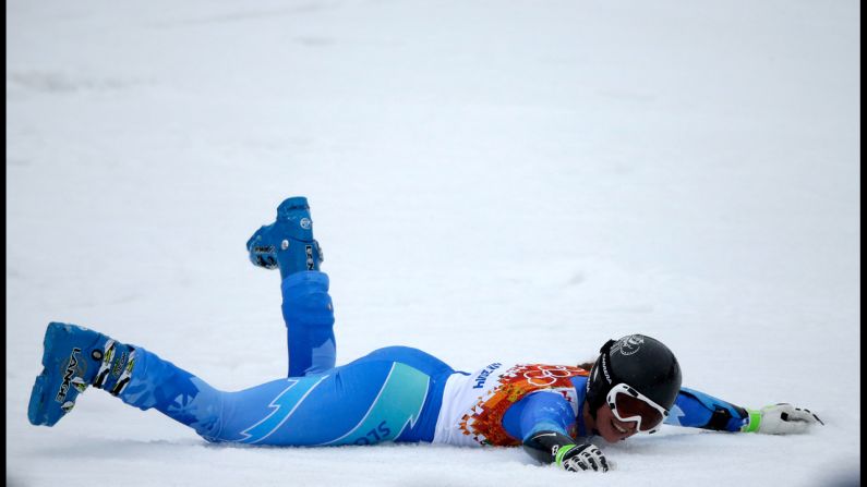 Tina Maze of Slovenia reacts after a run in the women's giant slalom on February 18.