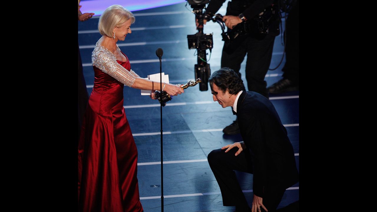 <strong>Daniel Day-Lewis (2008):</strong> If Daniel Day-Lewis is in the running, chances are there will be an award for him. The actor won his second best actor Oscar for "There Will Be Blood." He receives the award from Helen Mirren at the 2008 ceremony.