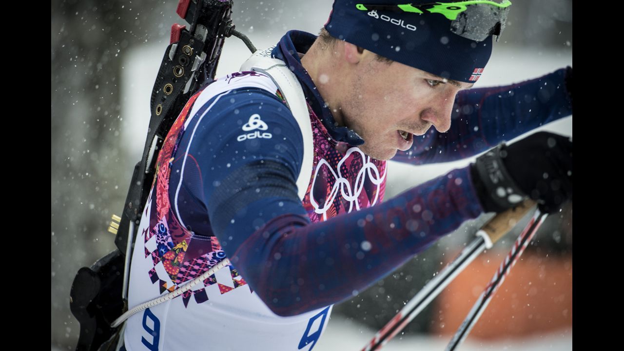 Norwegian biathlete Emil Hegle Svendsen competes in the men's 15-kilometer mass start event on February 18.