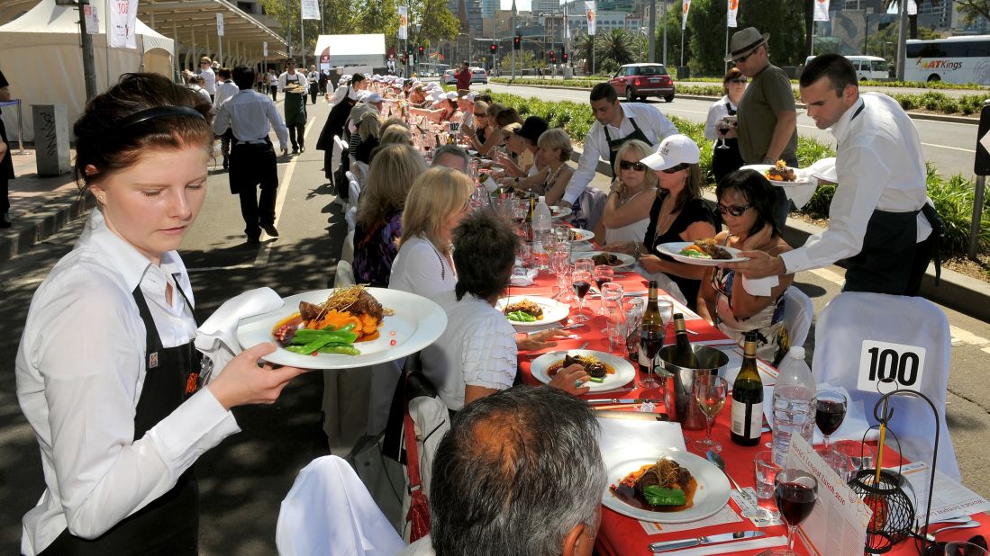 Meals are served at an event called "World's Longest Lunch" as part of the 2010 Melbourne Food and Wine Festival. This year, world's longest lunches will take place March 14 in 22 spots across the Australian state of Victoria.