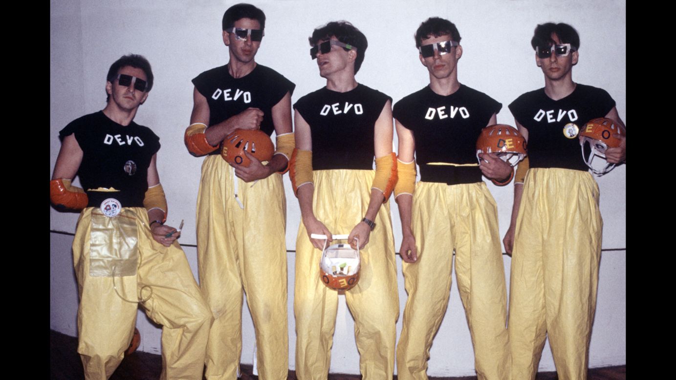 Devo, seen here in 1978, had a machine-like persona, using flowerpot hats, industrial jumpsuits and futuristic sounds. 