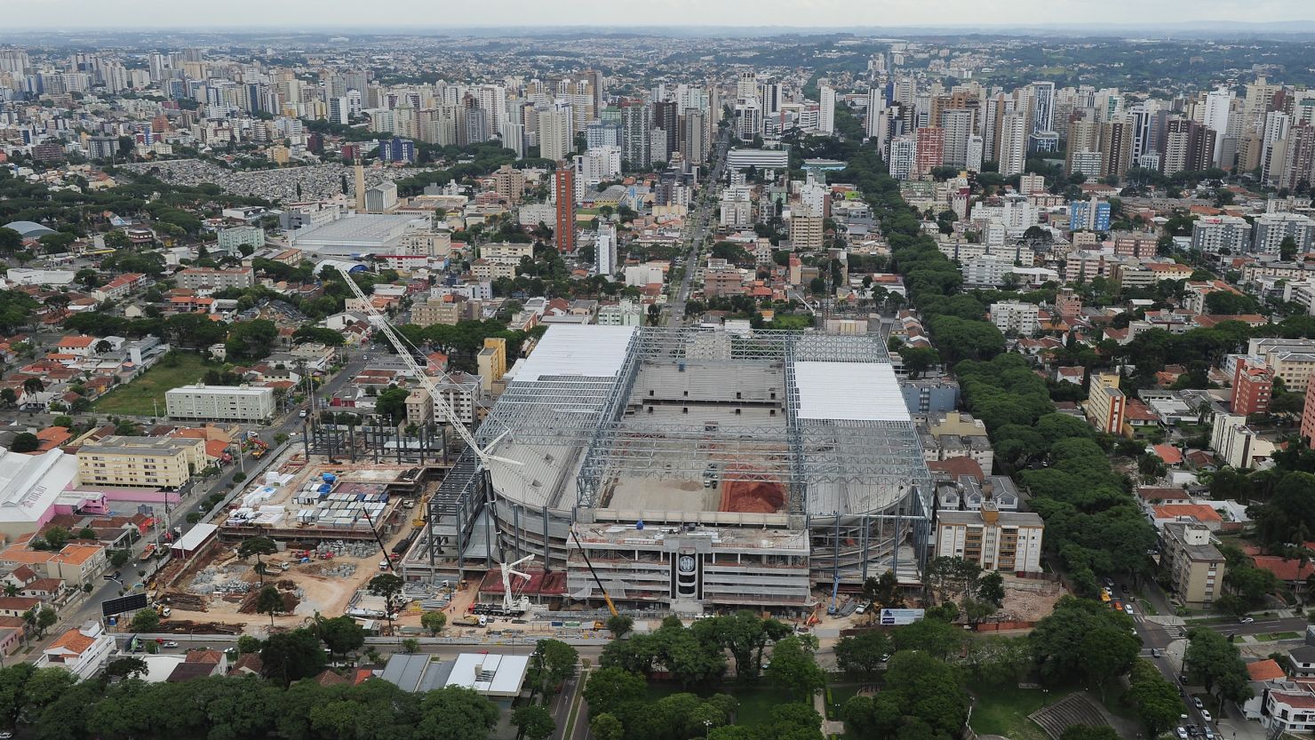 An aerial view of the Arena da Baixada taken in December displays the work that remains outstanding ahead of June's finals. 