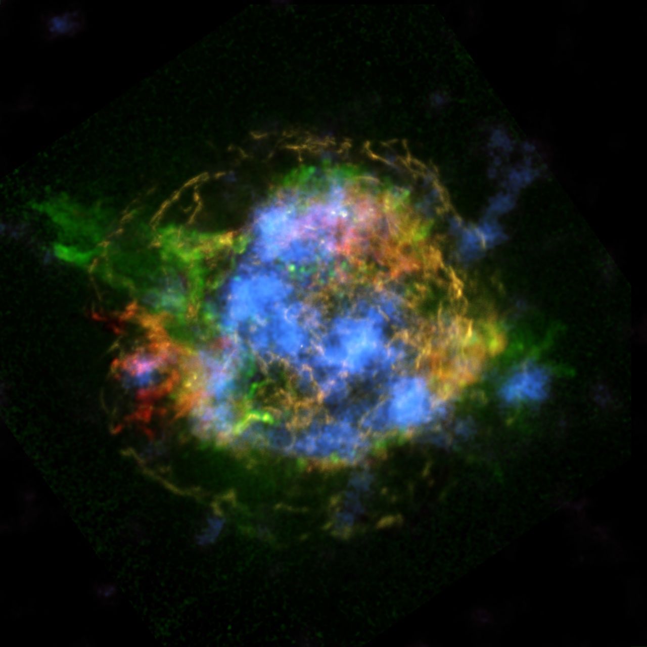 NASA's NuSTAR telescope array generated the first map of radioactivity in the remnants of an exploding star, or supernova. Blue in this image of Cassiopeia A represents radioactive material. 