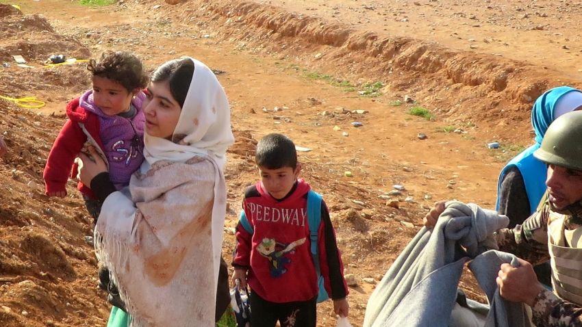 Malala Yousafzai in Jordan's Zaatari Refugee Camp near the Syrian border.
