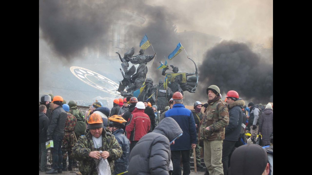 KIEV, UKRAINE:  After the deaths of 25 people during clashes a day earlier, Ukrainian protesters prepare to stand and fight again on February 19.  Photo taken by CNN's Andrew Carey on February 19. 