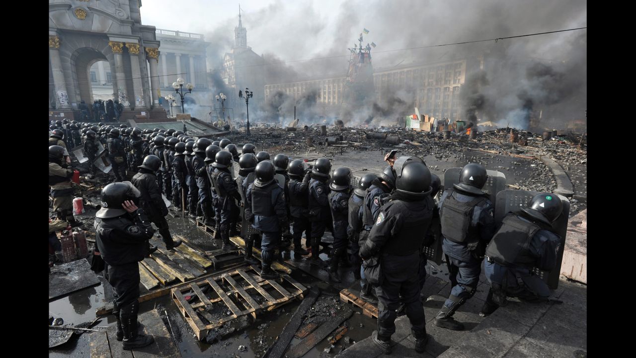 Riot police line up in Kiev on February 19.