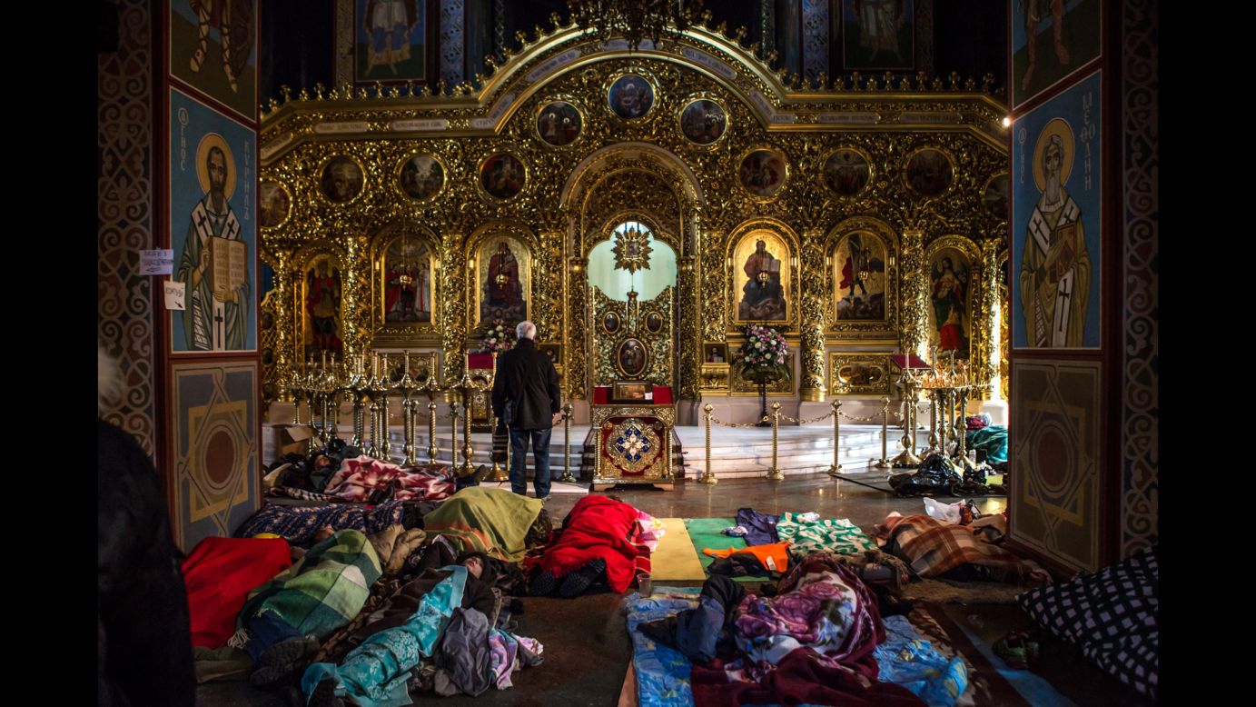Protesters sleep on the floor inside a Kiev monastery on February 19.