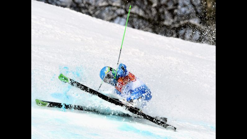 Sebastiano Gastaldi of Argentina crashes during his first giant slalom run.