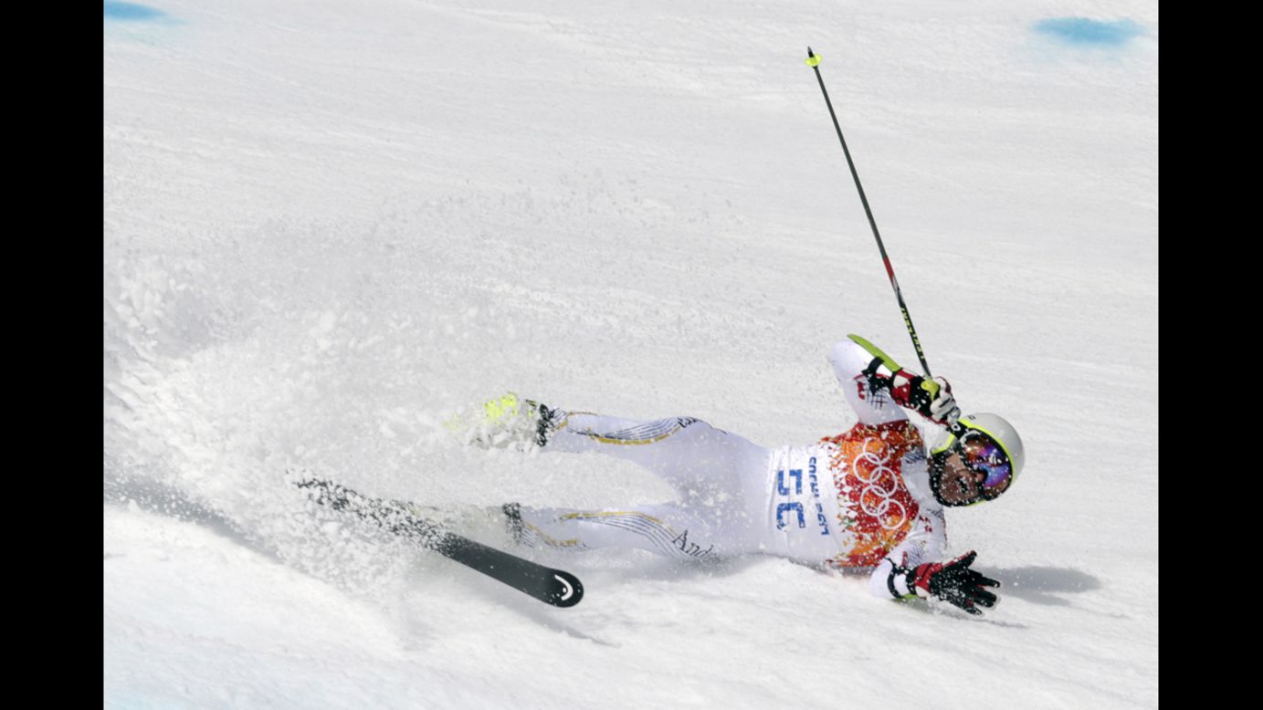 Andorra's Joan Verdu Sanchez crashes in the first run of the men's giant slalom.