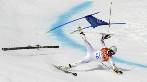 Joan Verdu Sanchez of Andorra crashes in his first run of the giant slalom.