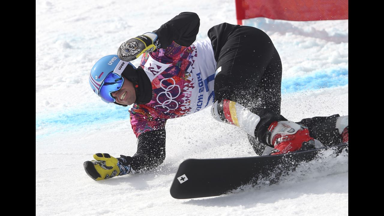 German snowboarder Patrick Bussler competes in the parallel giant slalom on February 19.