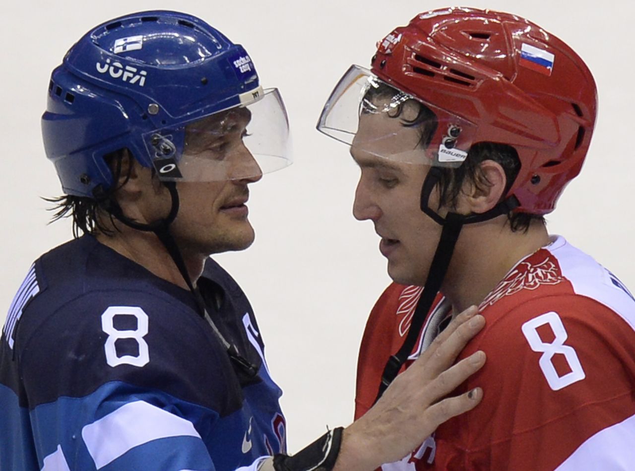 Russian ice hockey star Alexander Ovechkin (R) was left distraught following his team's quarterfinal defeat by Finland at the Winter Olympics in Sochi on Wednesday.