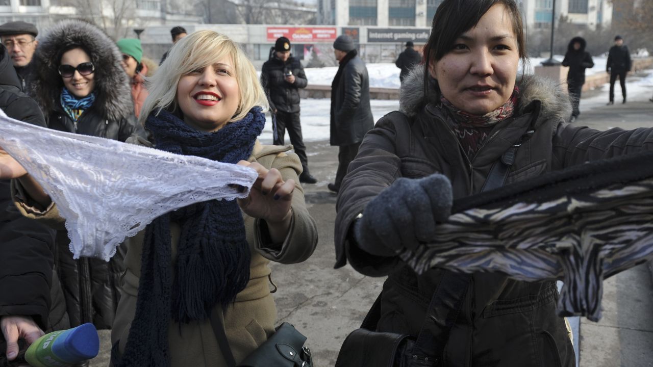 Women in Almaty protest against the ban of lace underwear in Russia and its economic allies.