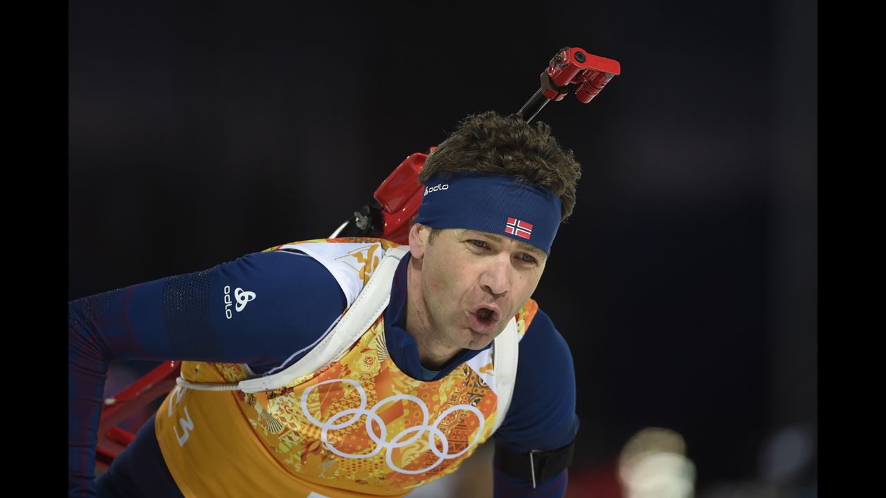 Norwegian biathlete Ole Einar Bjoerndalen competes in the mixed relay event on February 19.
