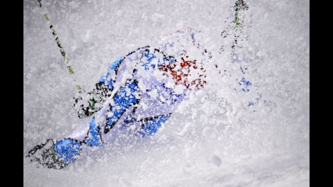 San Marino's Vincenzo Romano Michelotti falls during the men's giant slalom on February 19.