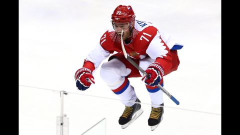 Russia's Ilya Kovalchuk celebrates after scoring a first-period goal against Finland.