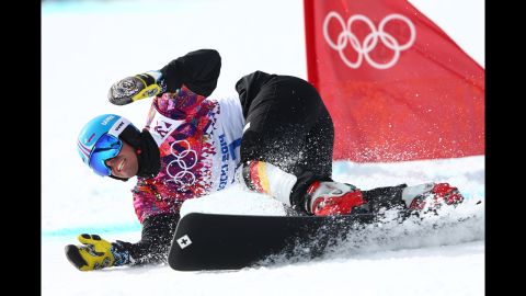 Patrick Bussler of Germany competes in the quarterfinals of the men's parallel giant slalom on February 19.