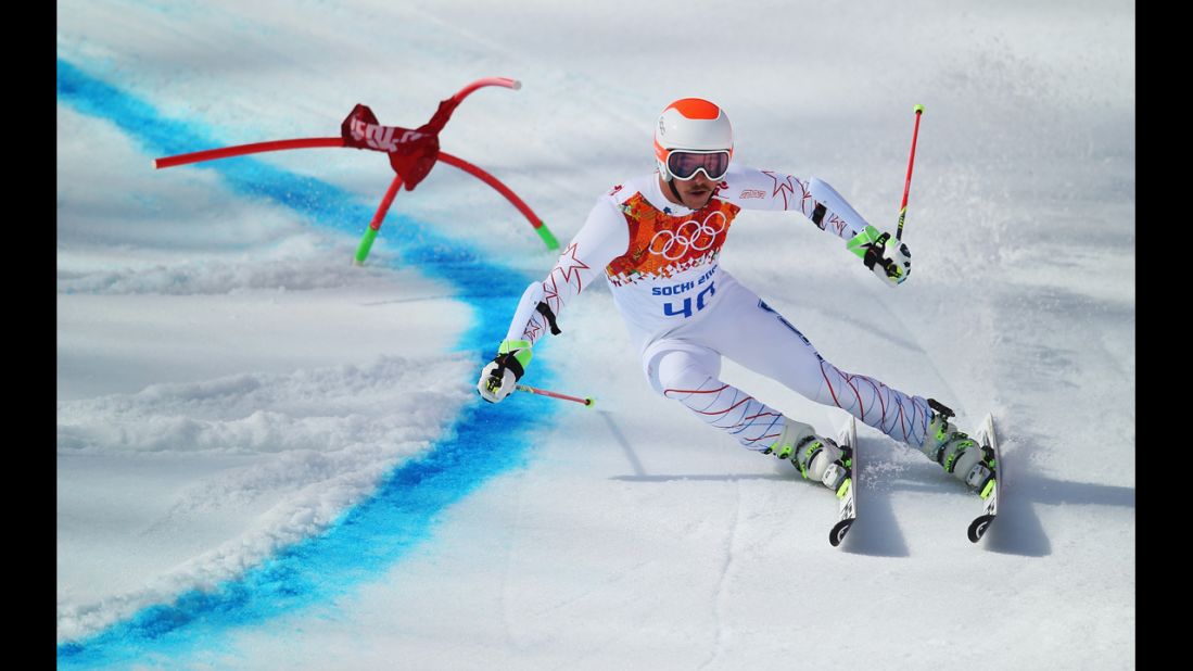 American skier Jared Goldberg negotiates a turn during a run in the men's giant slalom on February 19.