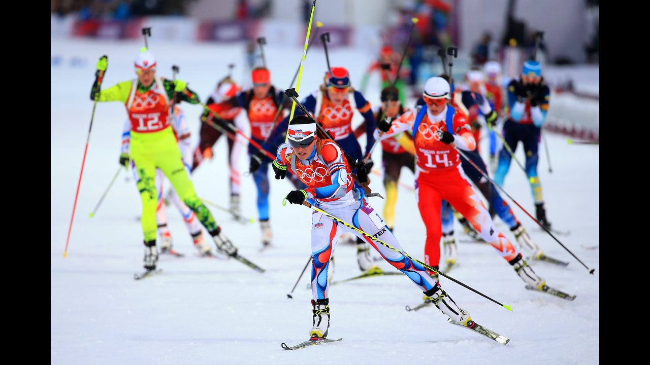 Biathlete Veronika Vitkova of the Czech Republic leads the field in the mixed relay on February 19.