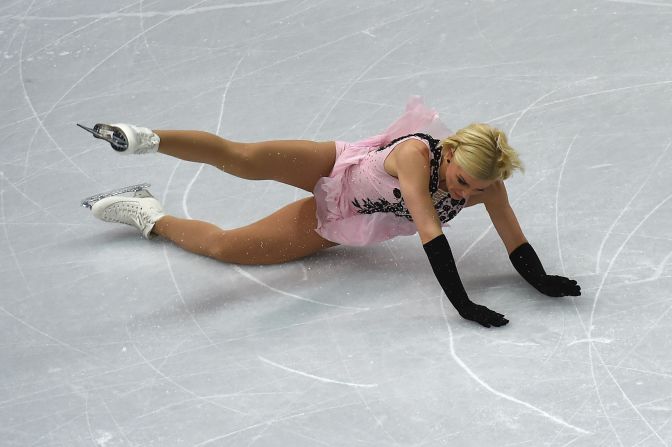 Swedish figure skater Viktoria Helgesson falls during her short program on February 19.