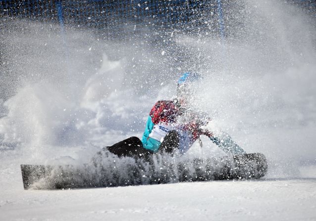 Snowboarder Amelie Kober of Germany runs wide during the women's parallel slalom on February 19.