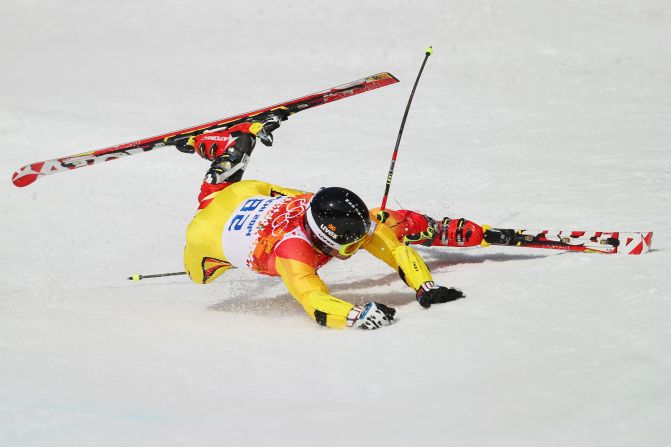 Antonio Ristevski of Macedonia falls during the men's giant slalom on February 19.
