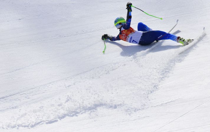 U.S. skier Ted Ligety arrives at the finish line of the men's giant slalom on February 19.